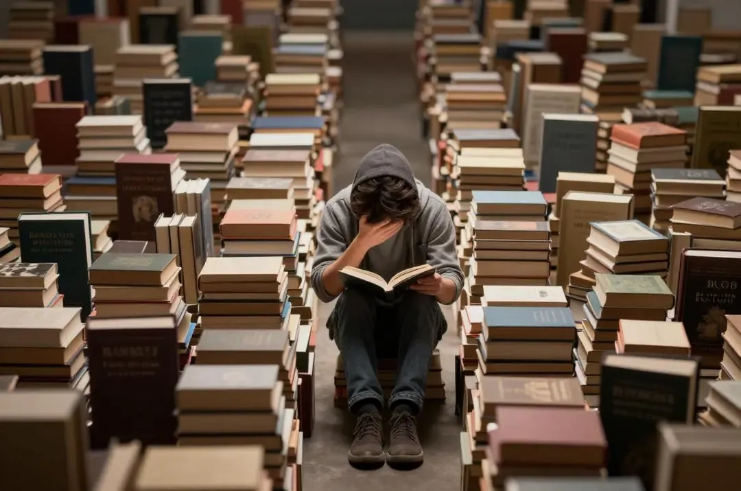Un buscador solitario abrumado por libros y caminos divergentes en un laberinto, anhelando conocimiento directo.