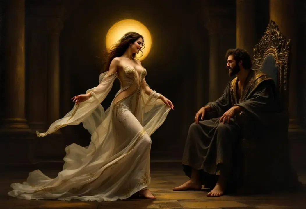 Salomé baila con gracia ante el rey Herodes en un salón iluminado, una escena de seducción y poder.
