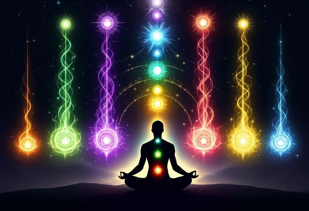 Ilustración mística de energía sexual ascendiendo por los chakras para transmutación.