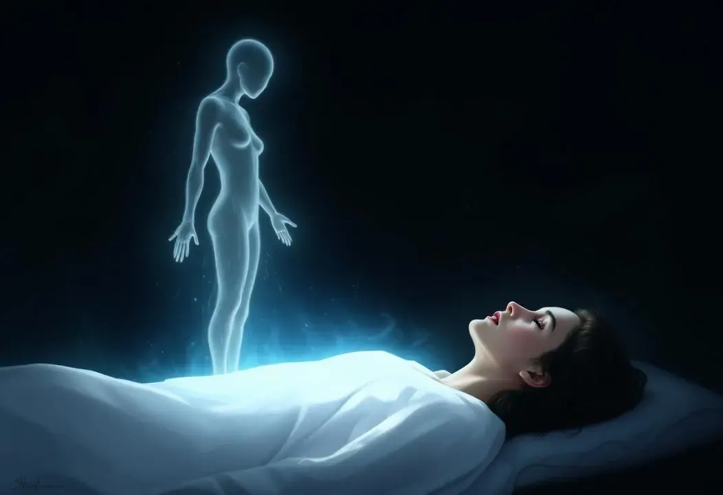 Figura etérea saliendo de un cuerpo, simbolizando el alma y su transición.