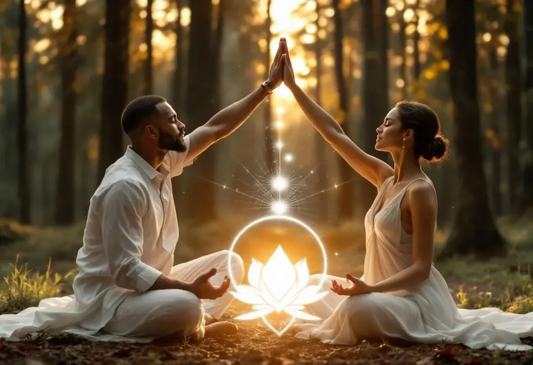 Pareja de yoguis practicando Yoga Sexual Maithuna en un ambiente sereno, transmutando energía.