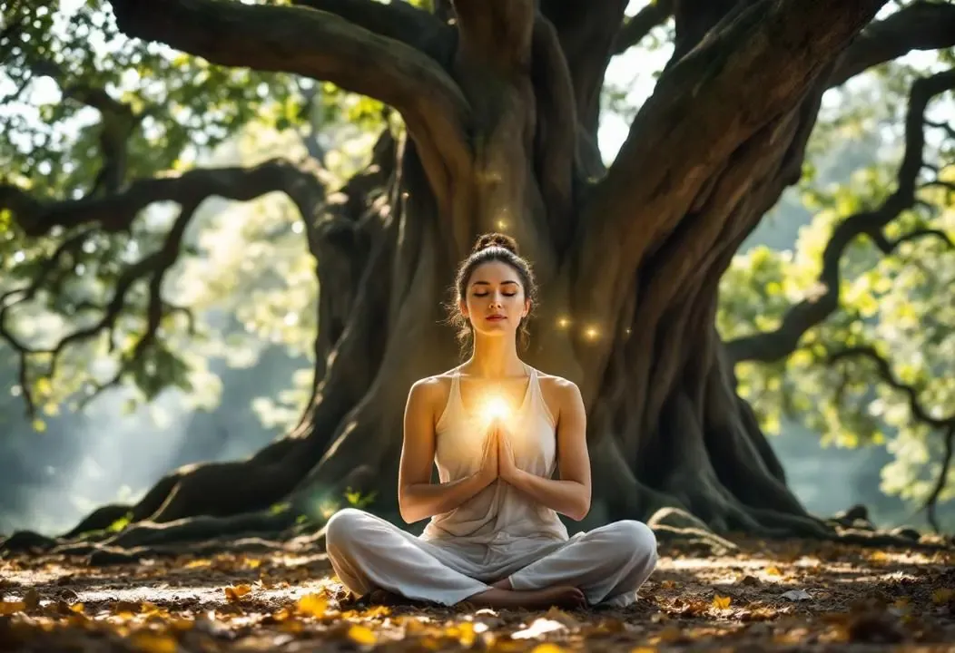 Persona meditando bajo árbol, luz etérea simbolizando la verdad Prajña Zen.