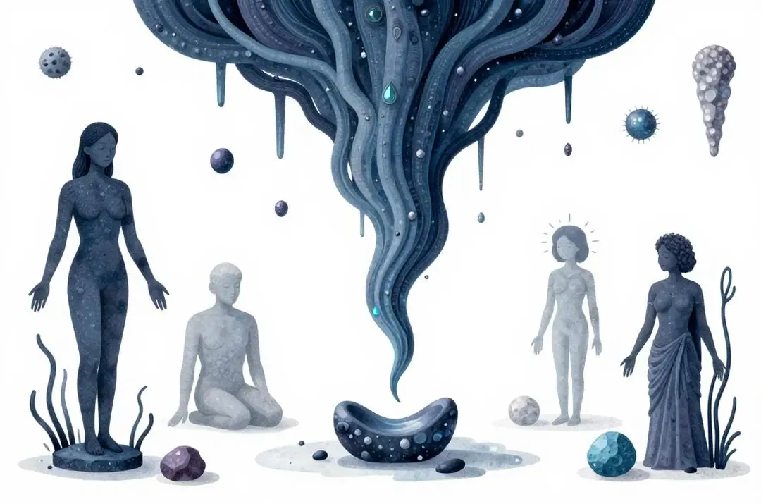 Esencia espiritual descendiendo en reinos oscuros, con formas sombrías y minerales, representando la involución.