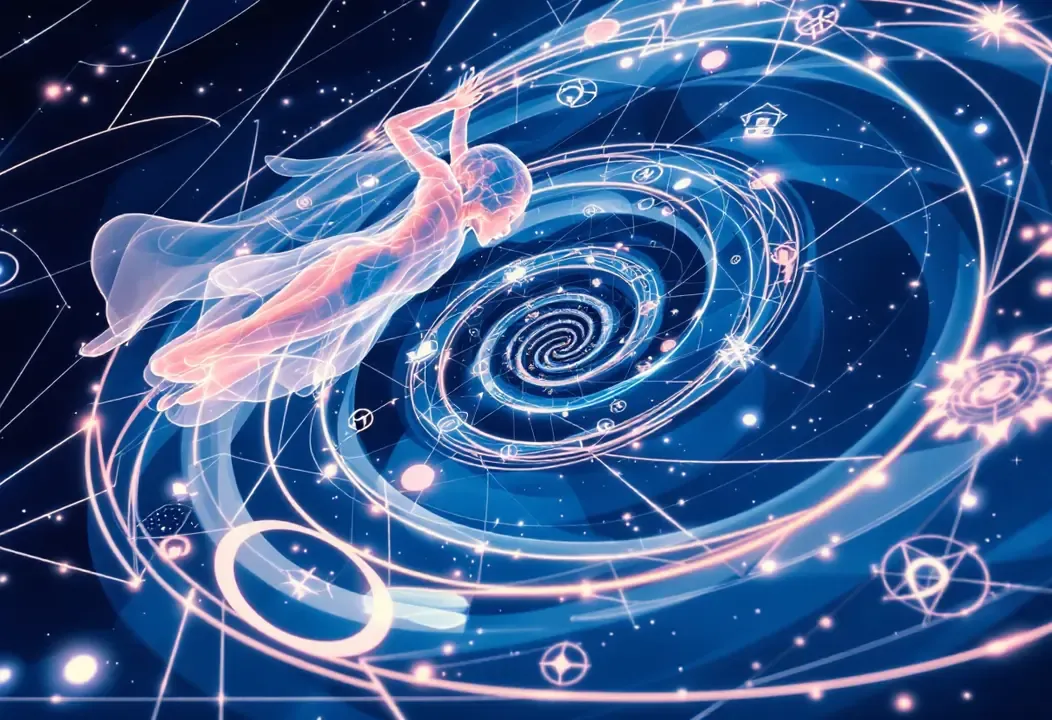 Figura humana en espiral infinita simbolizando la recurrencia del alma.