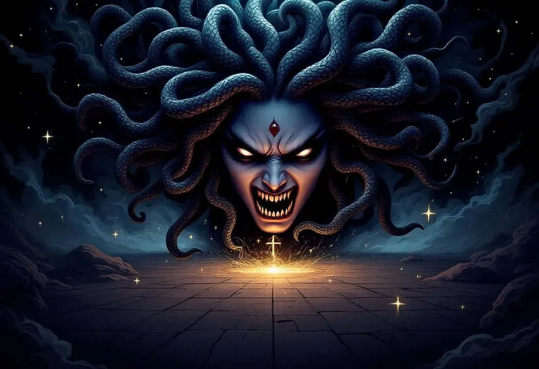 Ilustración mística de la estrella Algol y Medusa, simbolizando el demonio del alcohol.
