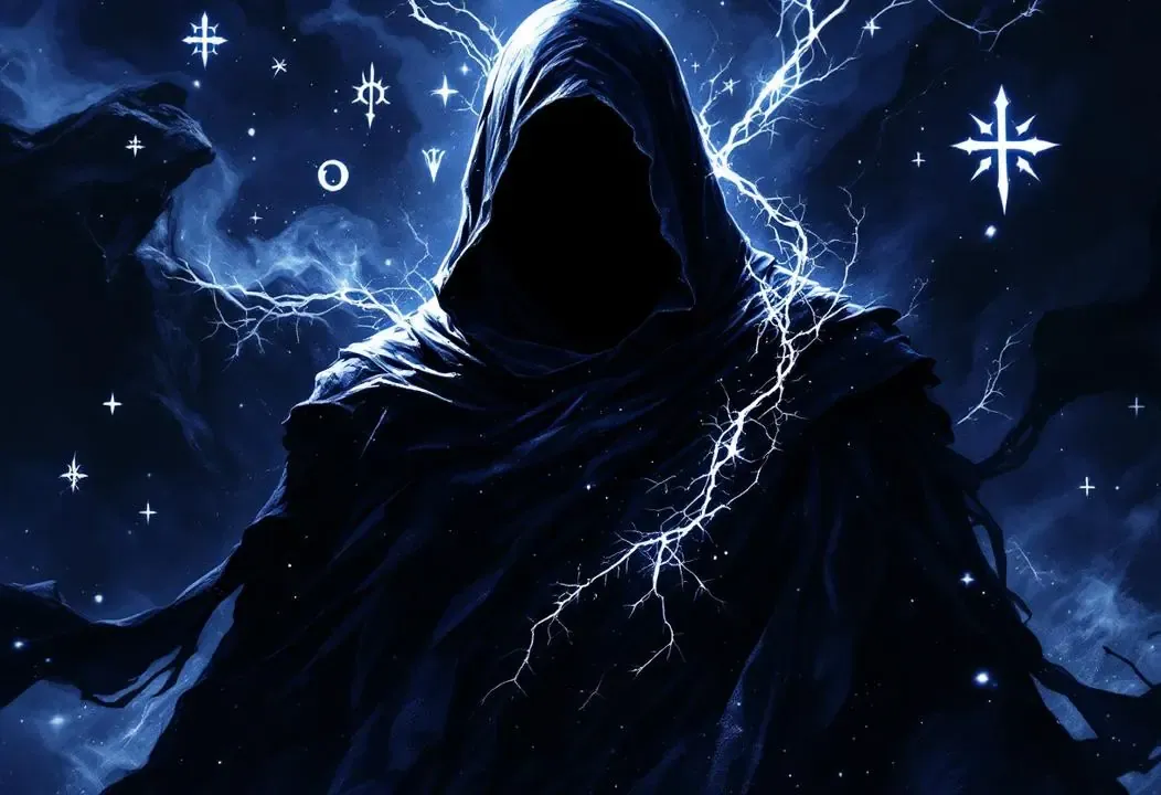Mago negro enigmático con capa oscura, junto a símbolos de antiguos colegios iniciáticos.