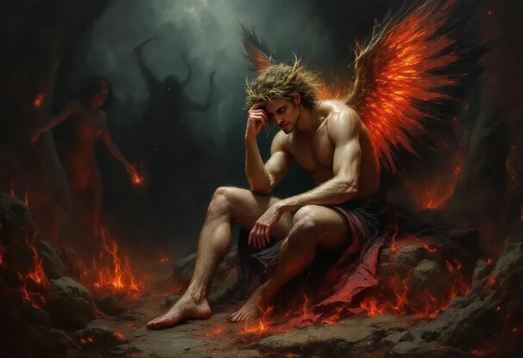 Ilustración abstracta de Lucifer entrelazado con símbolos de energía sexual y dualidad cósmica.