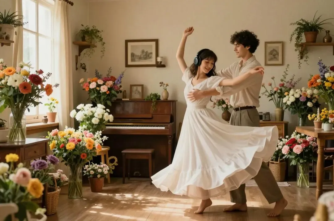 Pareja danza alegremente entre flores en un Hogar Gnóstico armónico.