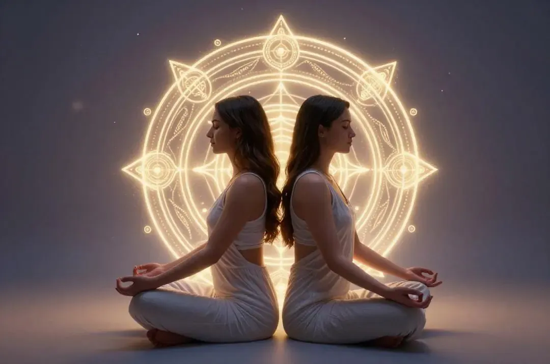 Pareja meditando en pose sagrada, rodeada de luz y símbolos esotéricos gnósticos.