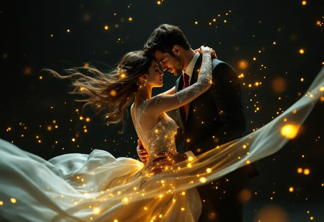 Pareja en danza etérea, simbolizando energía de Magia Sexual y conexión espiritual.