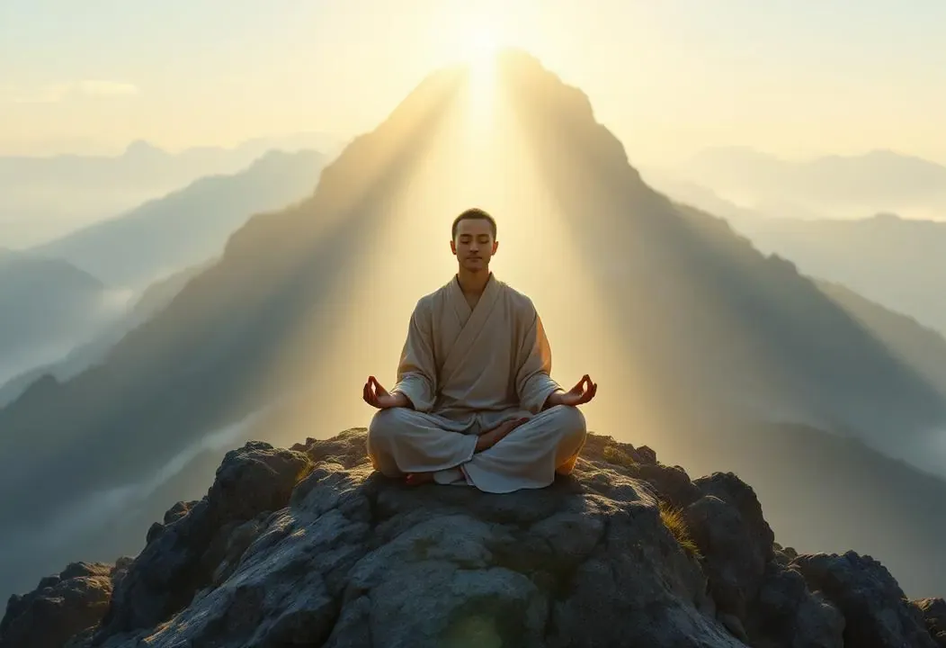 Persona meditando en la cima de una montaña, rodeada de luz, simbolizando el Satori Zen.