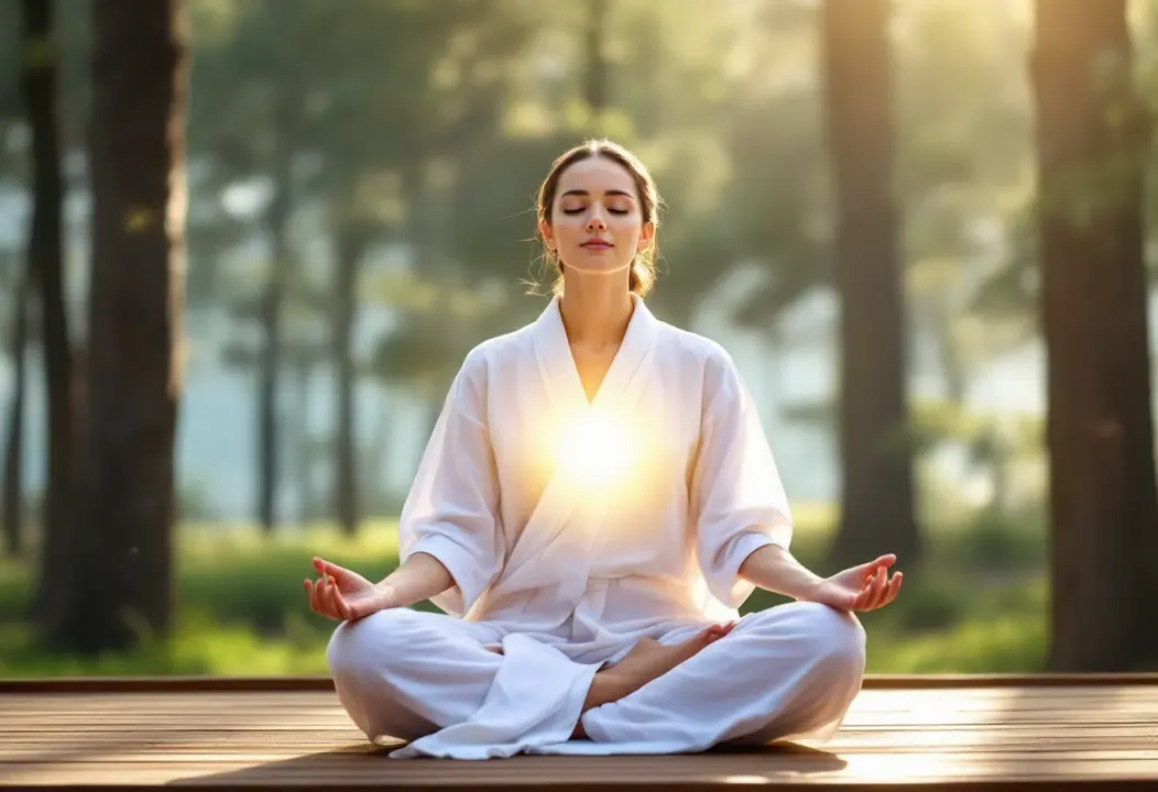 Persona meditando, visualizando la liberación de la Esencia interior de las ataduras del ego.
