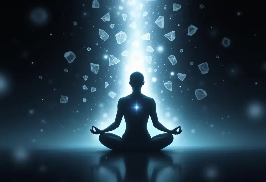 Persona meditando, visualizando la disolución del ego y el despertar de la conciencia interior.