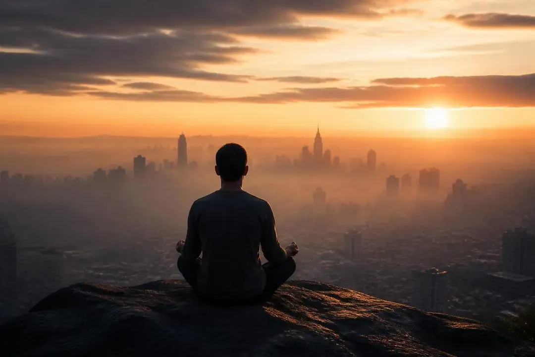 Persona meditando ante una ciudad al amanecer como símbolo de transformación interior y social