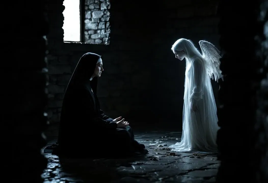 Monja meditando con conflicto, un 'ángel' lascivo etéreo emerge de la penumbra.