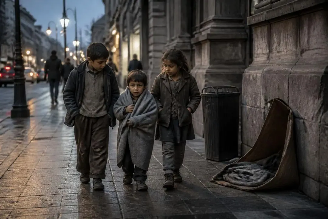 Niños vulnerables caminando por una calle fría como símbolo de la niñez desamparada
