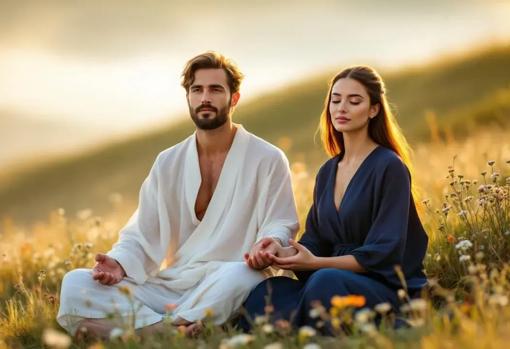 Pareja meditando en unidad, simbolizando Magia Sexual Blanca y castidad científica.
