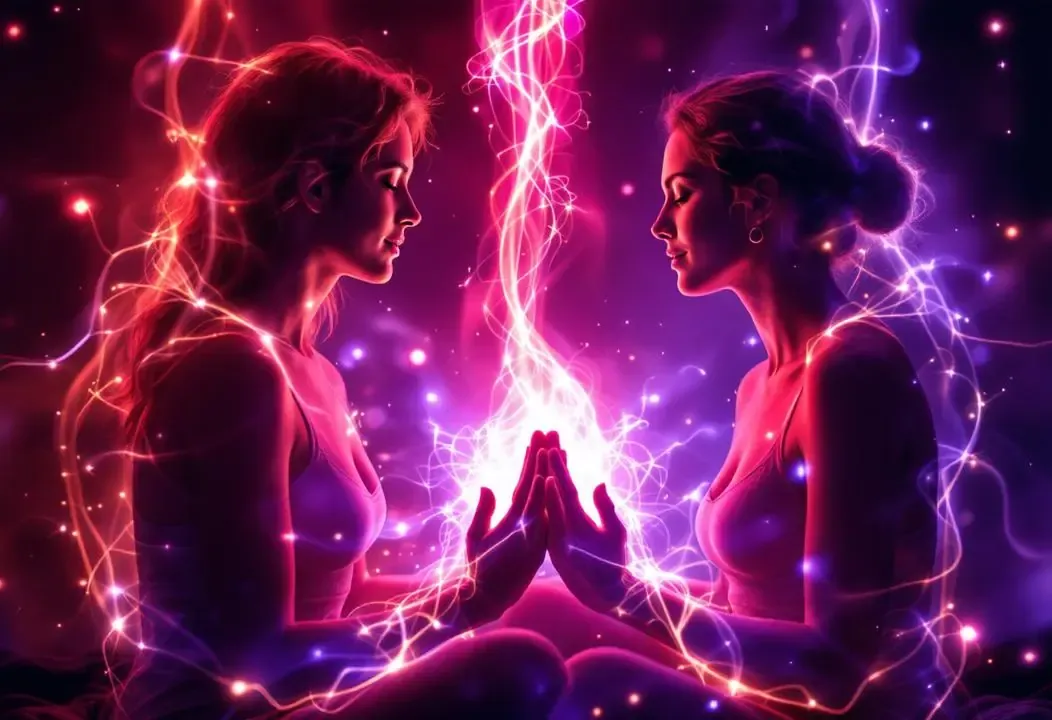 Pareja en meditación profunda con aura de energía roja y púrpura, simbolizando intercambio magnético.