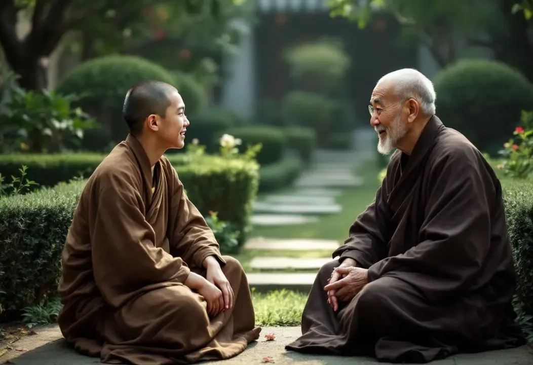 Dos monjes conversan silenciosamente en un jardín sereno, simbolizando la intuición de Tien Jan y Hui Chang.
