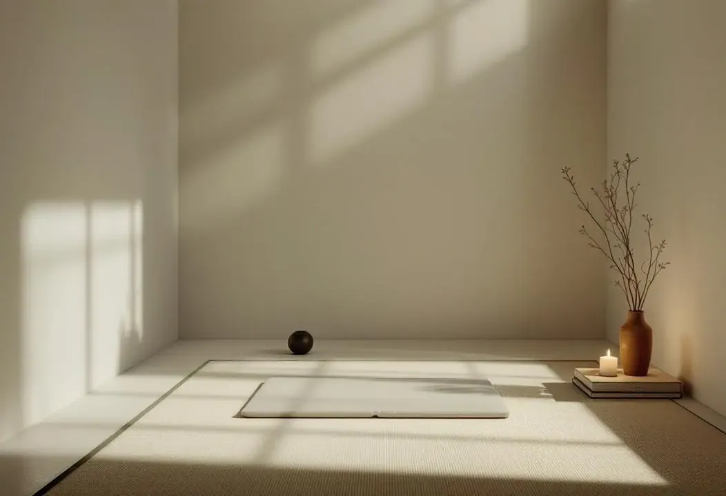 Espacio sereno y minimalista con luz difusa, evoca el vacío iluminador.