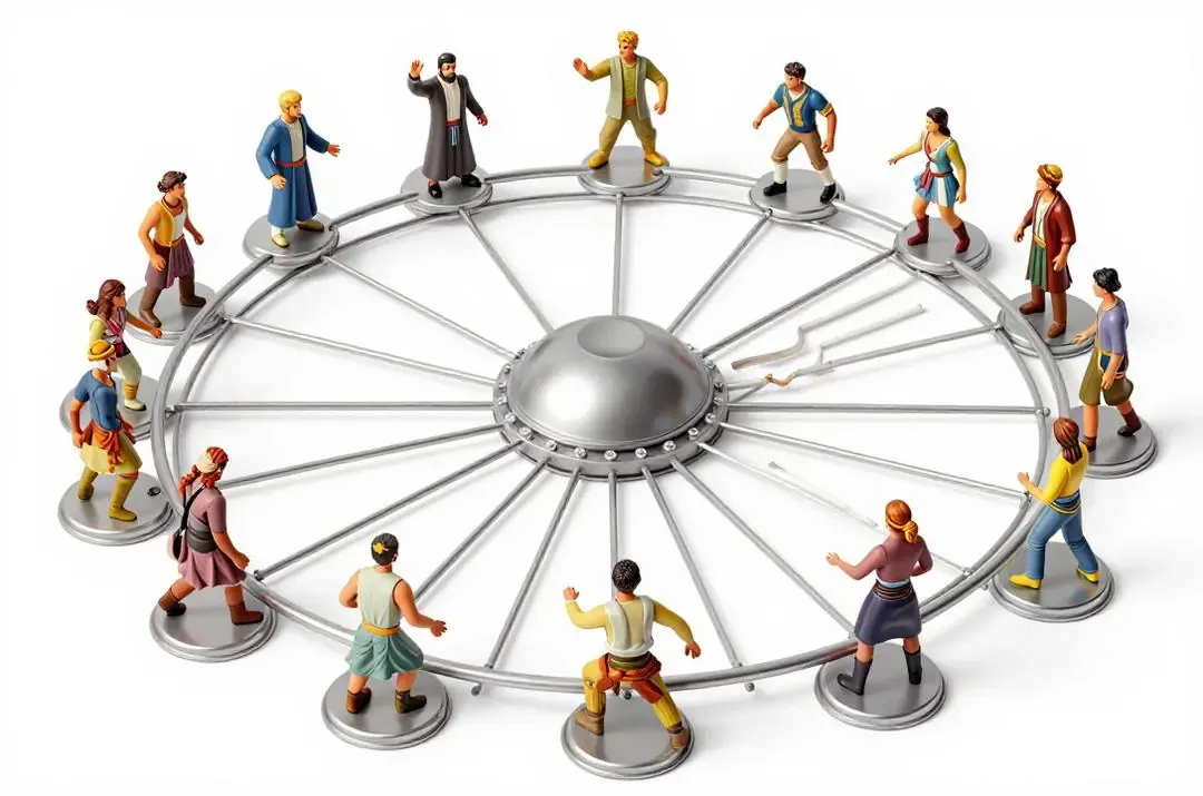 Rueda del Arcano Diez con figuras que suben y bajan, simbolizando evolución e involución cósmica.