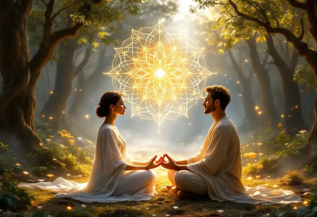 Pareja meditando en la naturaleza, conectando con la fuerza creadora del alma.
