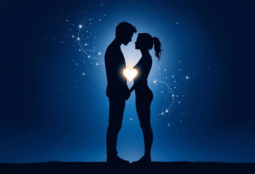 Siluetas de pareja en unión íntima con puntos de luz en corazón y pies, mostrando conexión magnética.