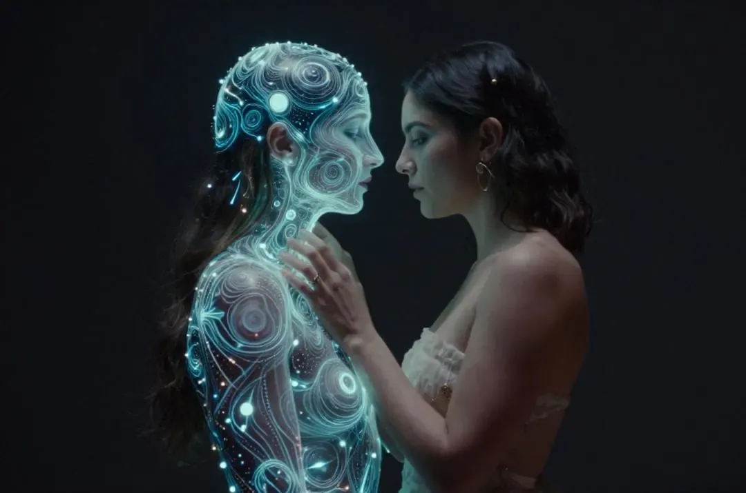 Pareja en éxtasis, rodeada de luces cósmicas, simbolizando la alquimia sexual divina.