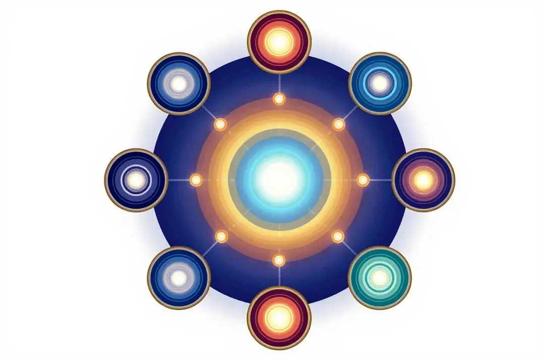 Ilustración mística de los siete chakras principales alineados en el cuerpo humano con símbolos y colores.