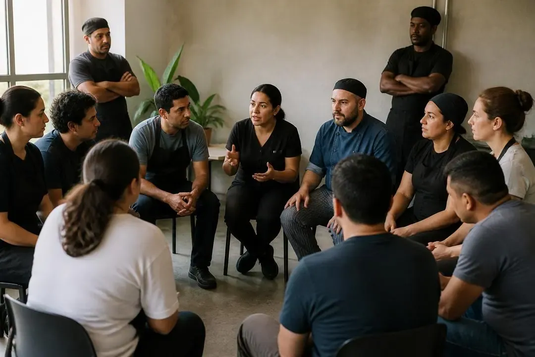 Trabajadores dialogando sobre organización sindical y justicia laboral
