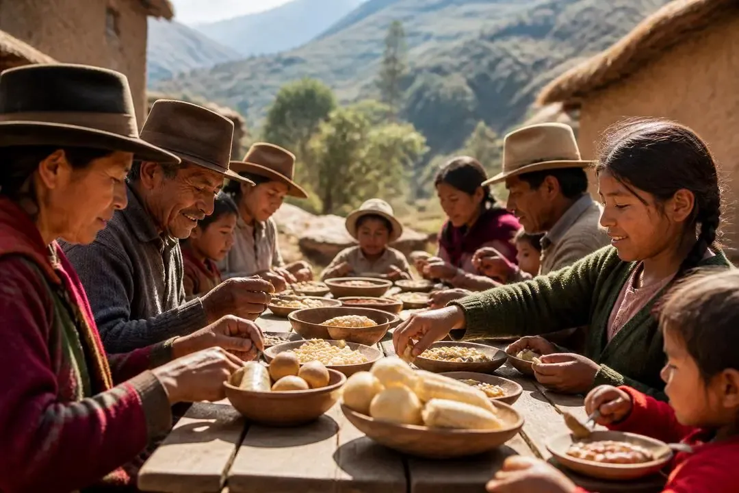 Familias rurales compartiendo alimentos en una mesa comunitaria como símbolo de solidaridad