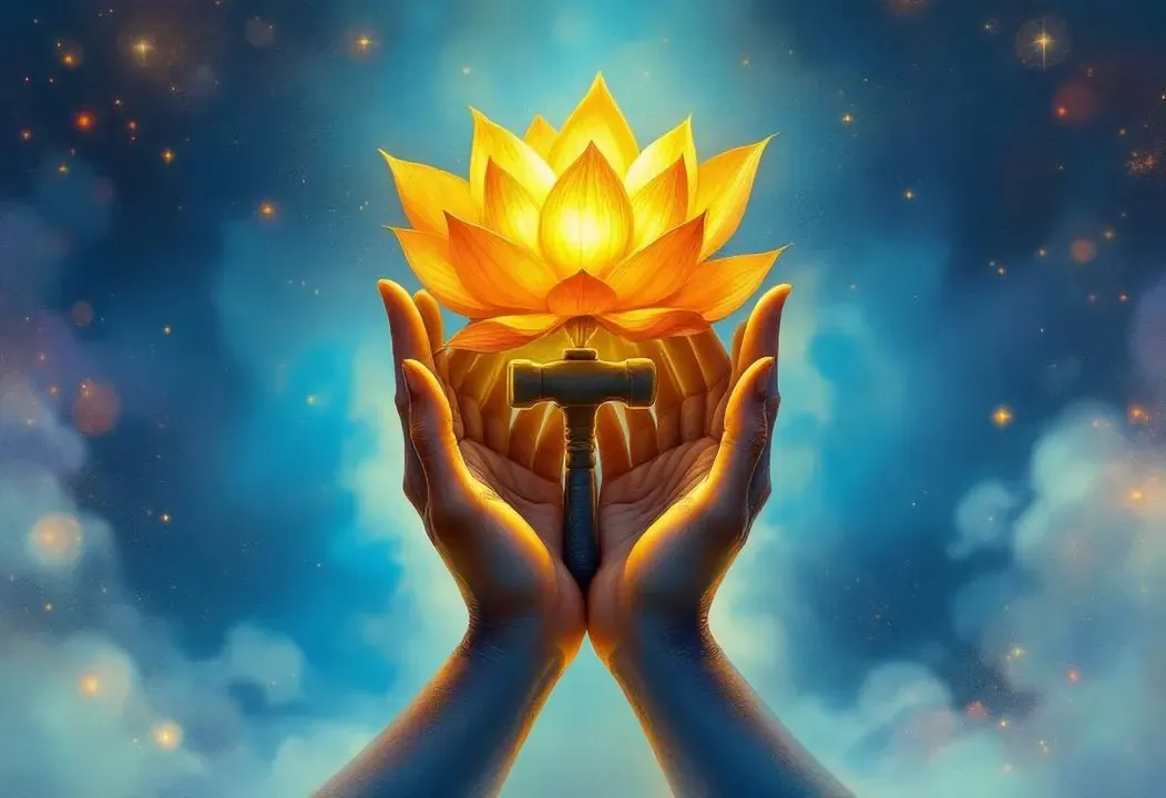 Manos unidas sosteniendo flor de loto y herramienta de forja, representando equilibrio espiritual.