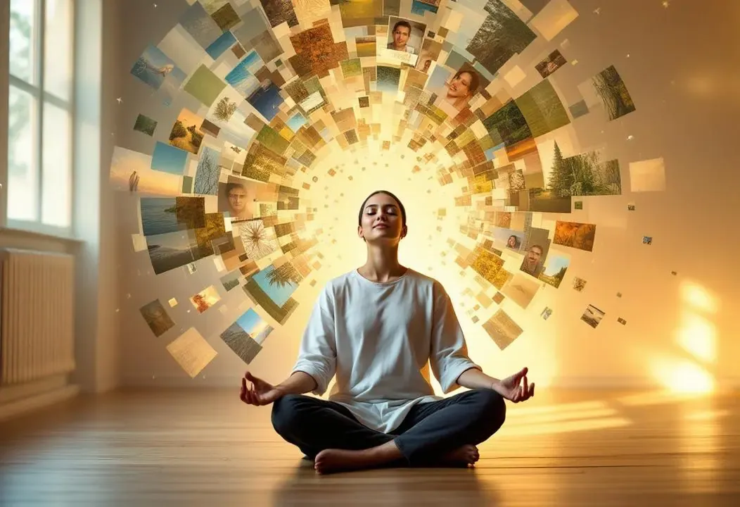 Persona meditando ante un caleidoscopio de impresiones visuales.