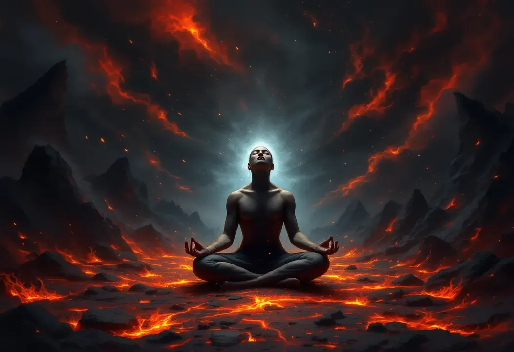 Figura meditando en un infierno caótico, simbolizando la muerte del ego y liberación.