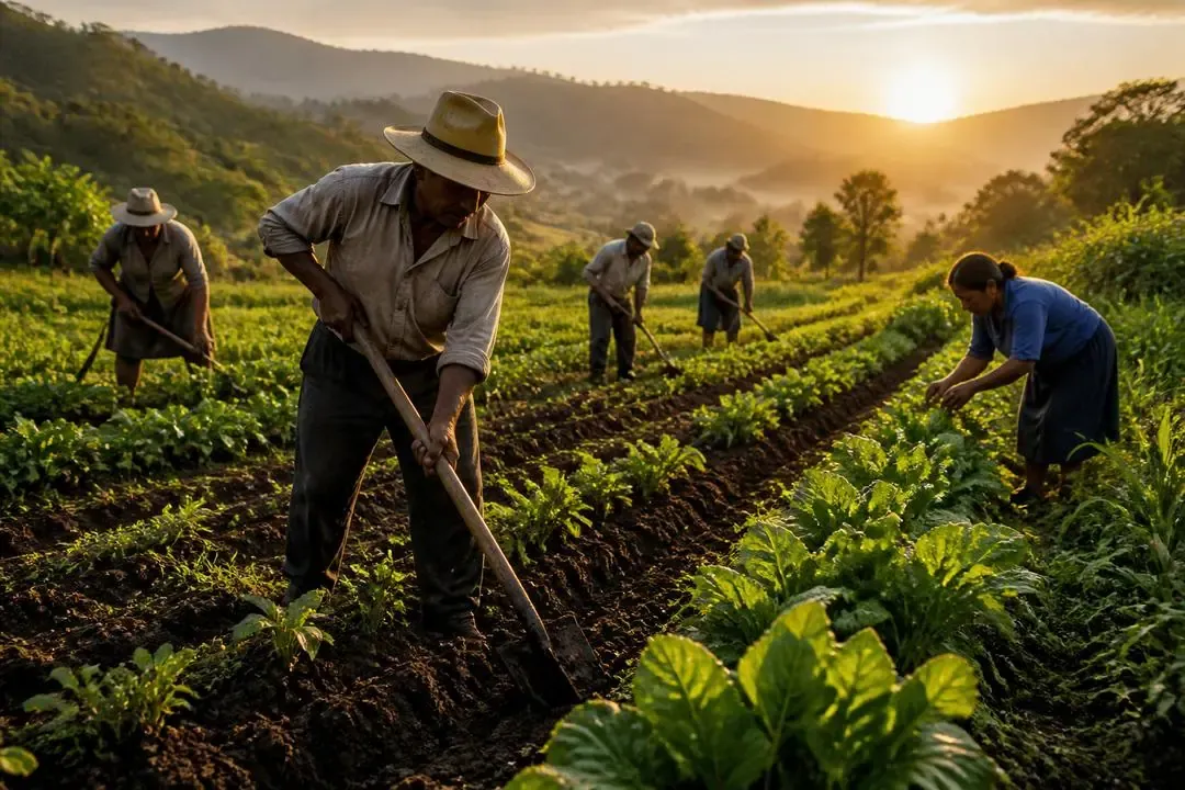 Campesinos cultivando una parcela fértil al amanecer