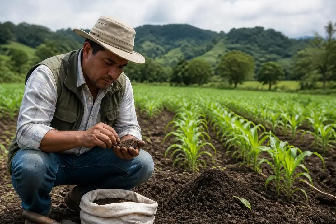 Agrónomo analizando la calidad del suelo en una parcela