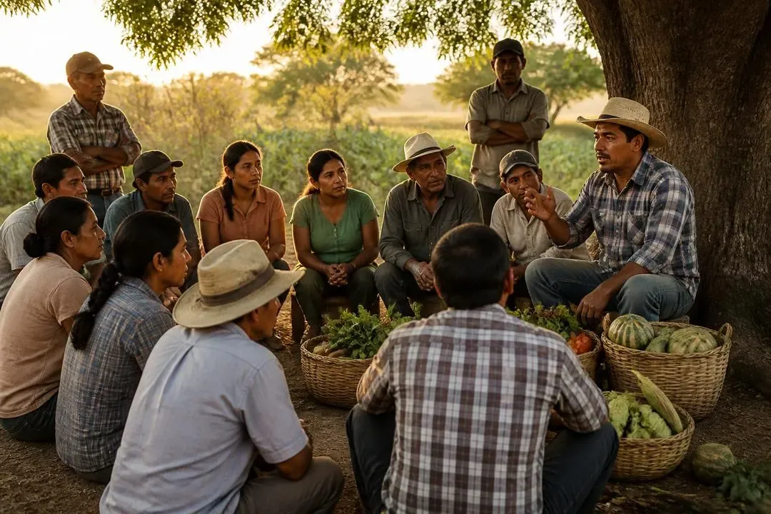 Campesinos reunidos para organizar el trabajo y defender sus derechos