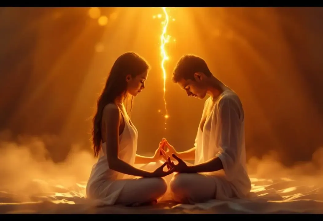 Pareja meditando en postura tántrica, luz dorada ascendiendo por espinas.
