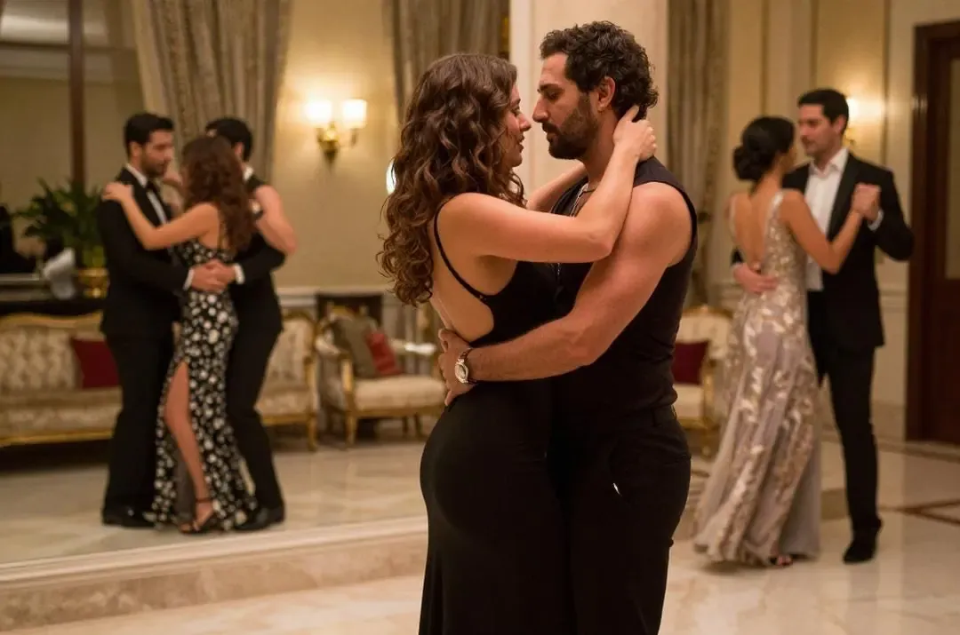 Salón lujoso con parejas bailando, reflejando seducción, pasión desbordada y adulterio en la esfera de Nahemah.