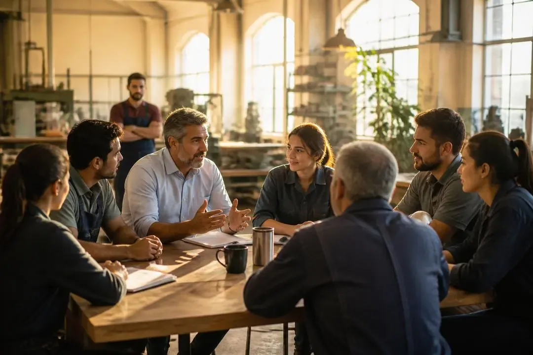 Patrón y trabajadores dialogando con serenidad en un espacio laboral