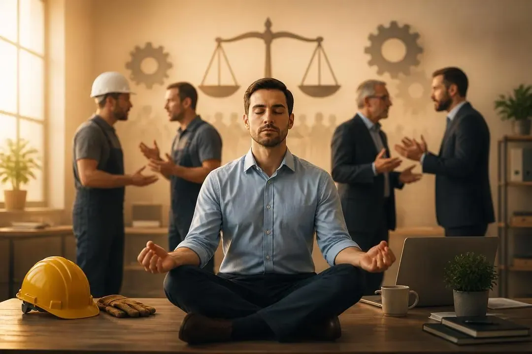 Persona meditando en un espacio de trabajo como símbolo de autoobservación