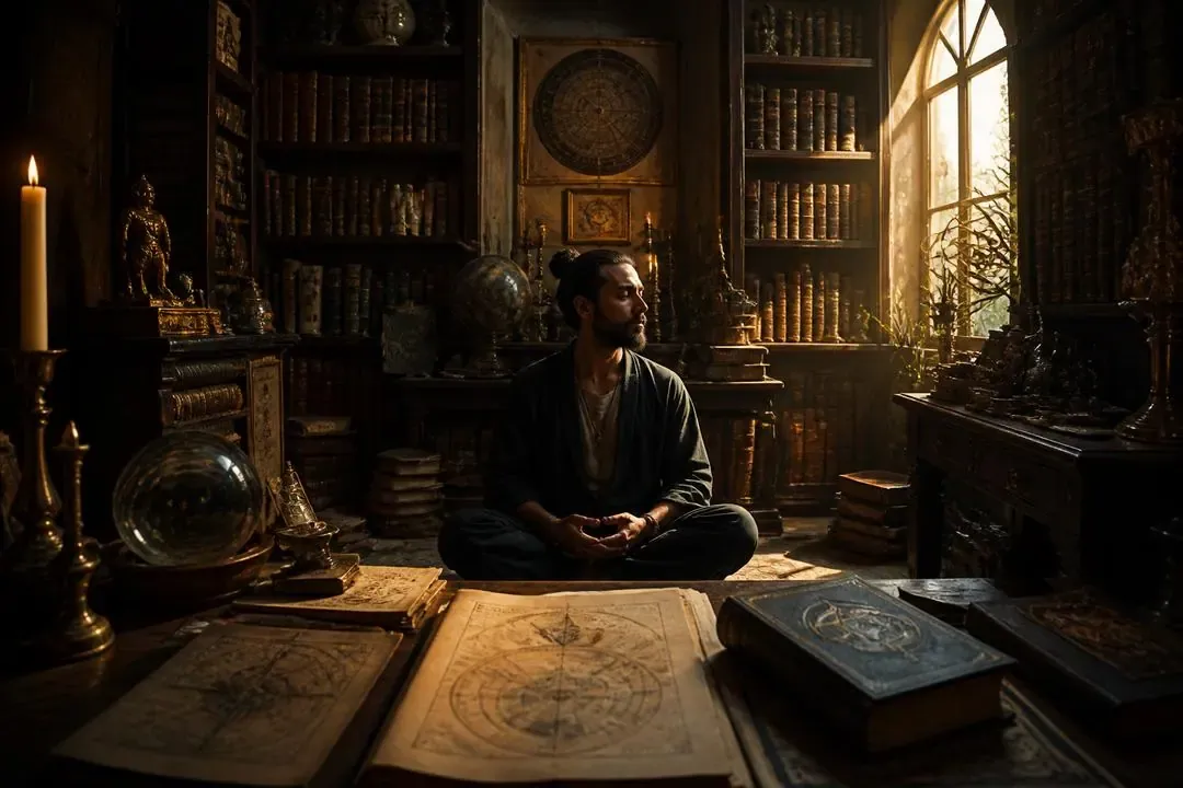 Persona meditando en una biblioteca antigua como símbolo de discernimiento gnóstico
