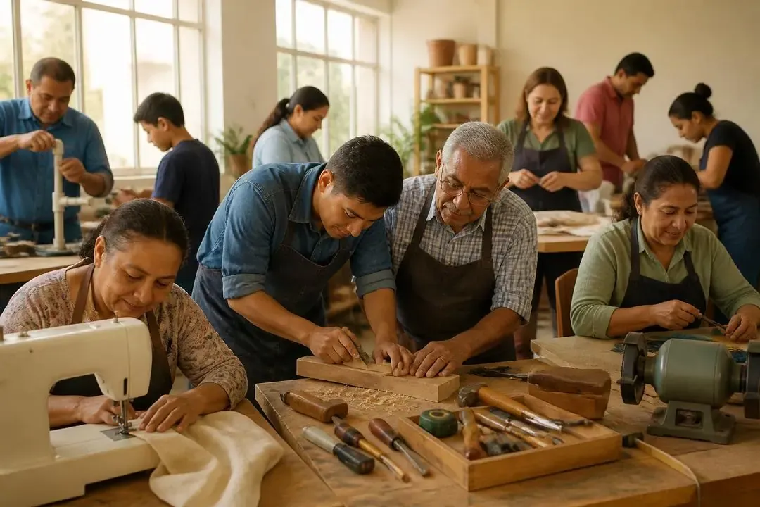 Personas aprendiendo oficios en un taller comunitario