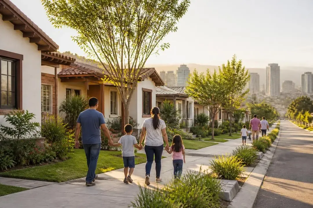 Familias en un barrio de casas con jardines y árboles