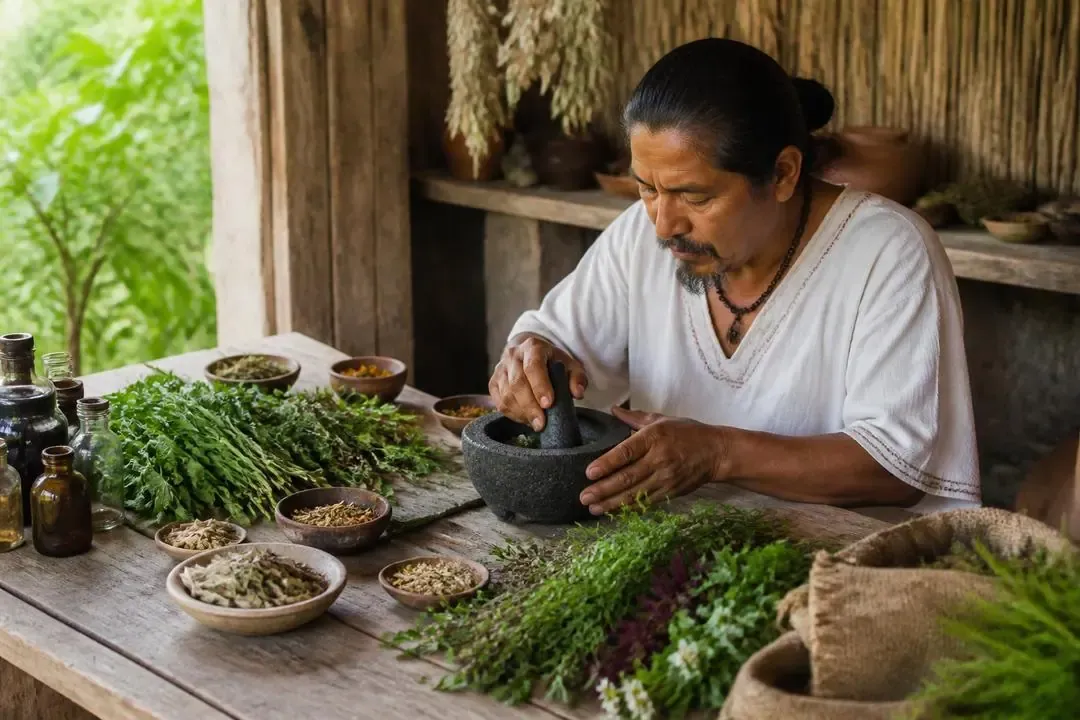Sanador tradicional preparando plantas medicinales con actitud responsable