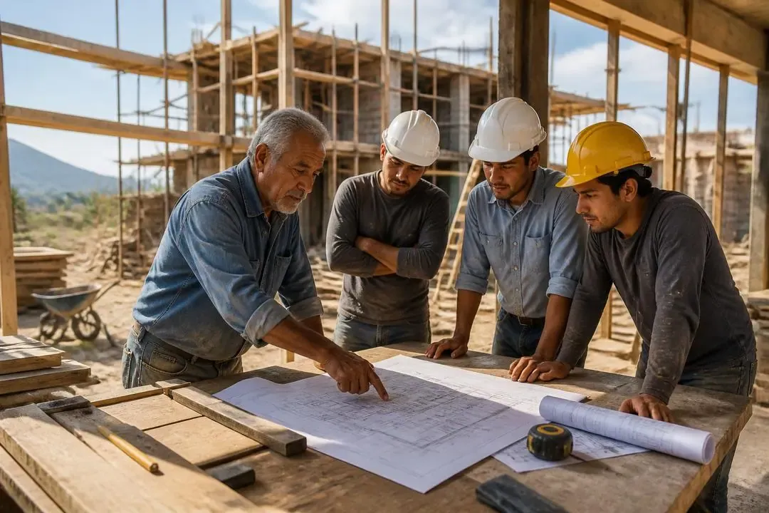 Constructor práctico revisando una obra con responsabilidad técnica