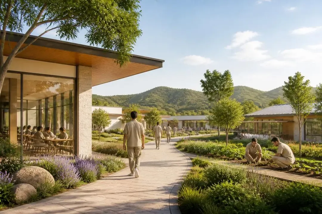 Reformatorio moderno rodeado de naturaleza como alternativa a la cárcel tradicional