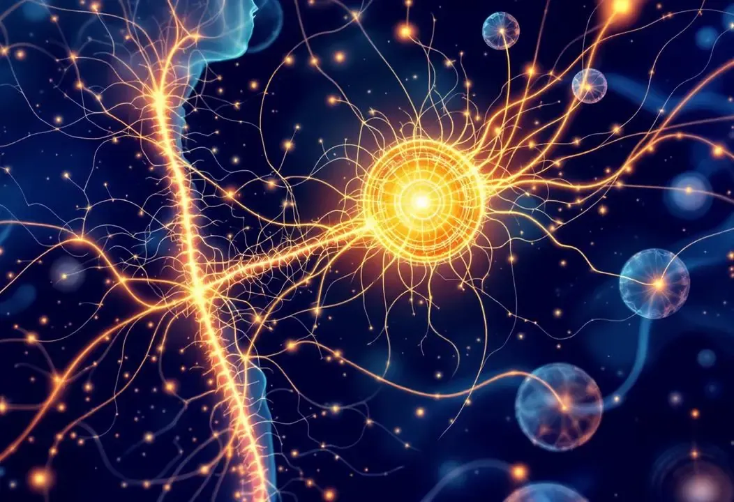 Ilustración del sistema nervioso humano y plexo solar luminoso, simbolizando unión psicofísica y control de energía.