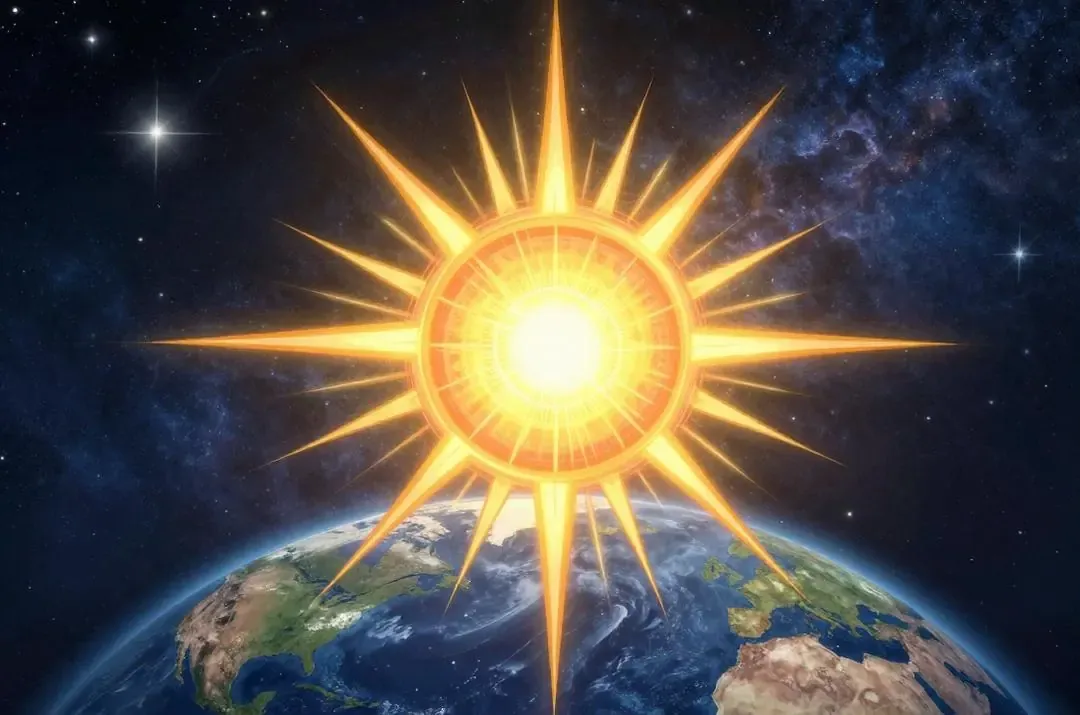 Ilustración mística del Cristo-Sol espiritual en un cosmos giratorio