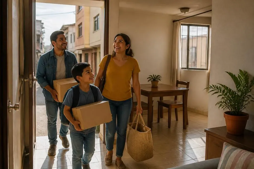 Familia trabajadora frente a una vivienda sencilla y digna